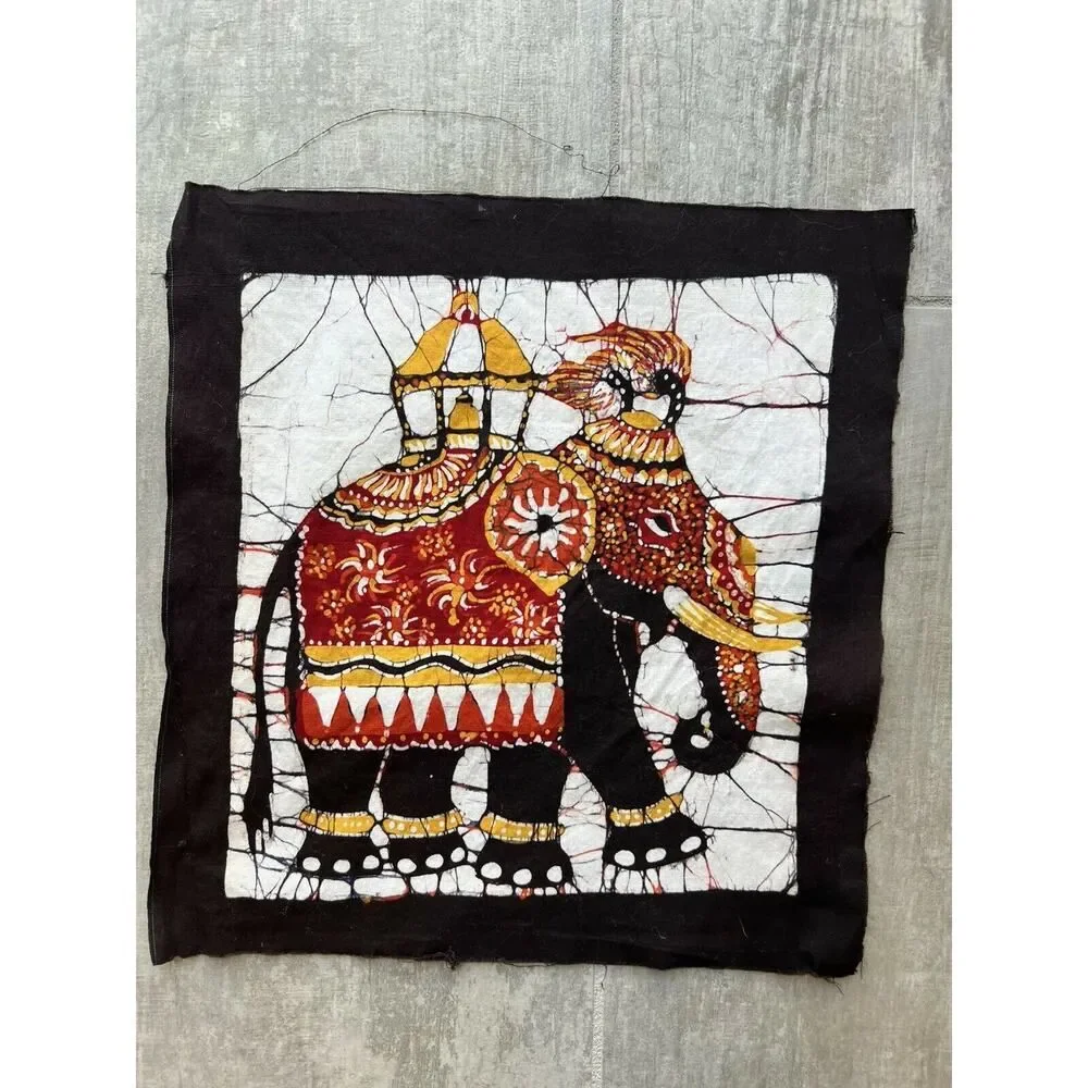 Sri Lankan Elephant Batik Art Religious Hand Dyed Fabric Tapestry Handmade